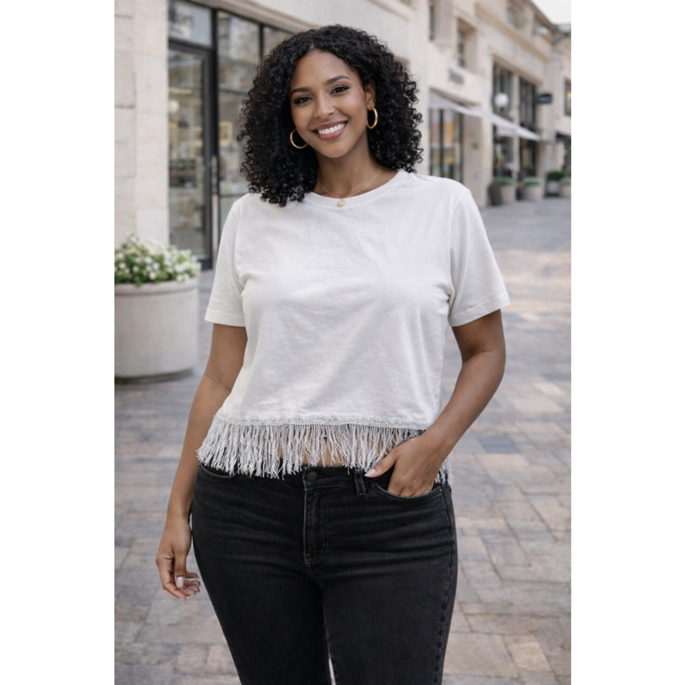 Women's On 12th T-Shirt Size L White with Silver Fringe Holiday Clearance
